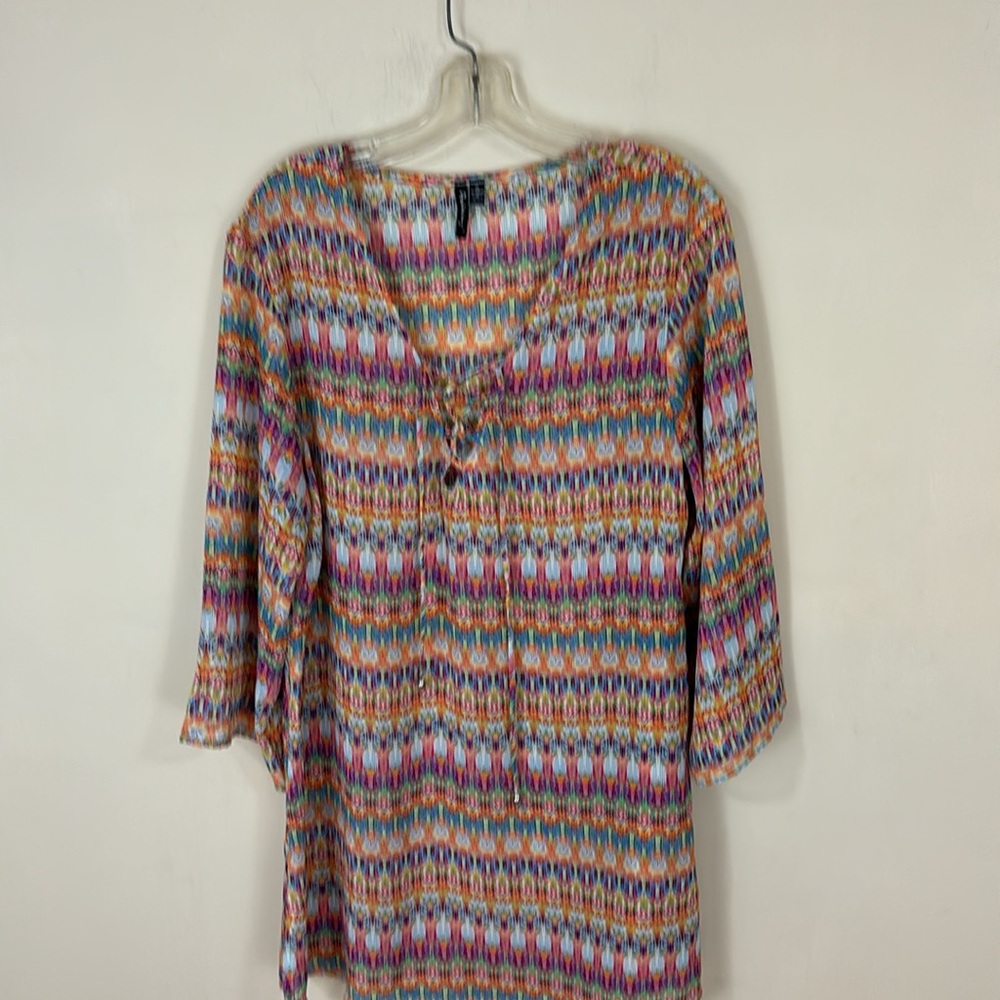 PortoCruz Colorful Semi-Sheer  Tunic Top with Lace Up Neck Size XL